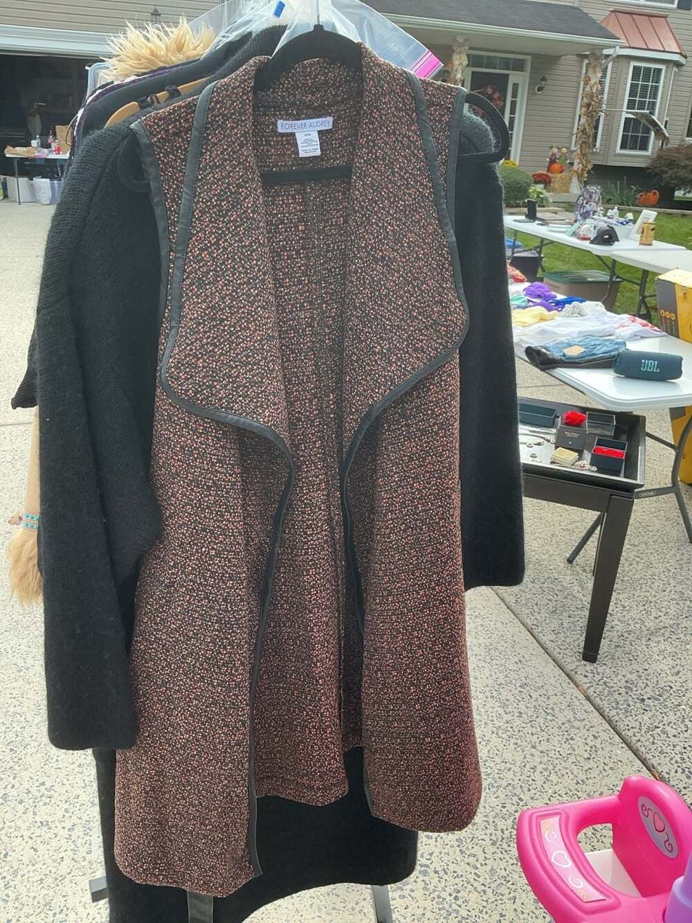 Forever Audrey Tweed Vest Size 14W Open Front Faux Leather Trim